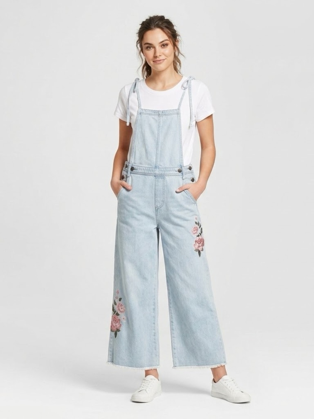 Free People x Driftwood Raphy Overalls Size M Embroidered Wide Leg Light Wash